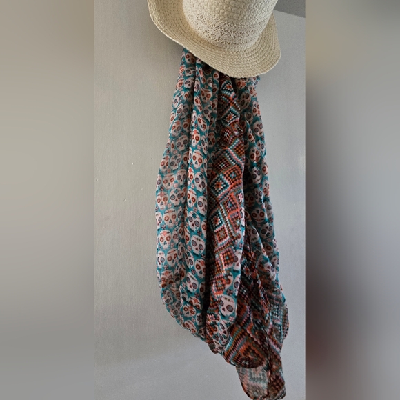 Infinity scarf. Sheer. Pink & blue sugar skull and geometric print. - Picture 2 of 5